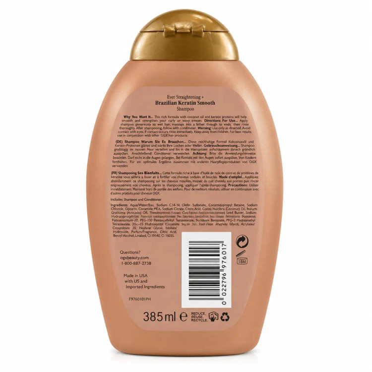 شامپو او جی ایکس مدل Brazilian Keratin Smooth (کراتین برزیلی) ضد وز و صافکننده مو حجم 385 میلی لیتر