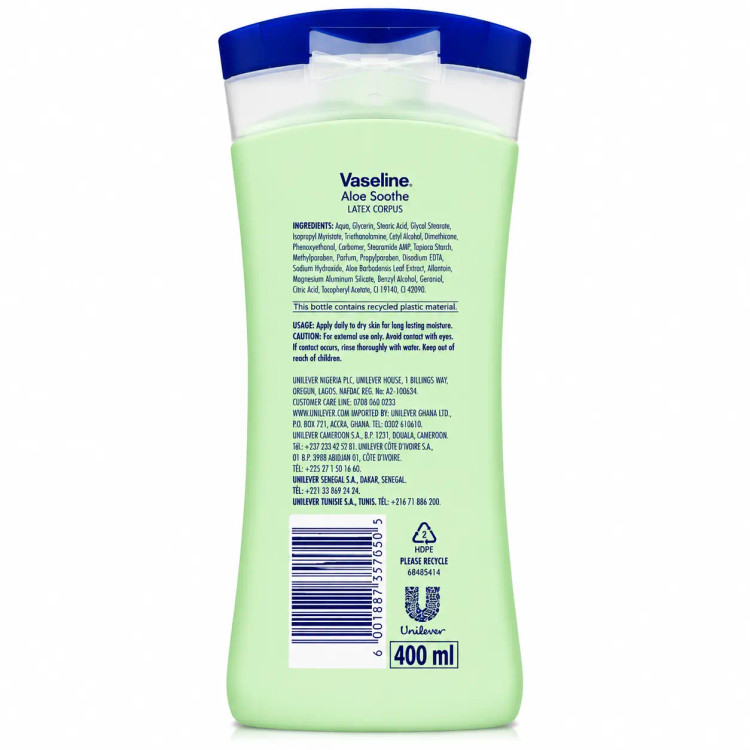 لوسیون بدن وازلین مدل Aloe Soothe – آبرسان و خنککننده پوست با عصاره آلوئهورا حجم 400 میلی لیتر